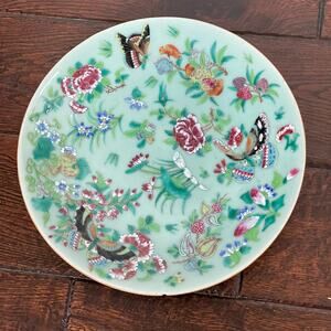 Antique Chinese Rose Canton Celedon Plate 19th Century Floral DAMAGE READ